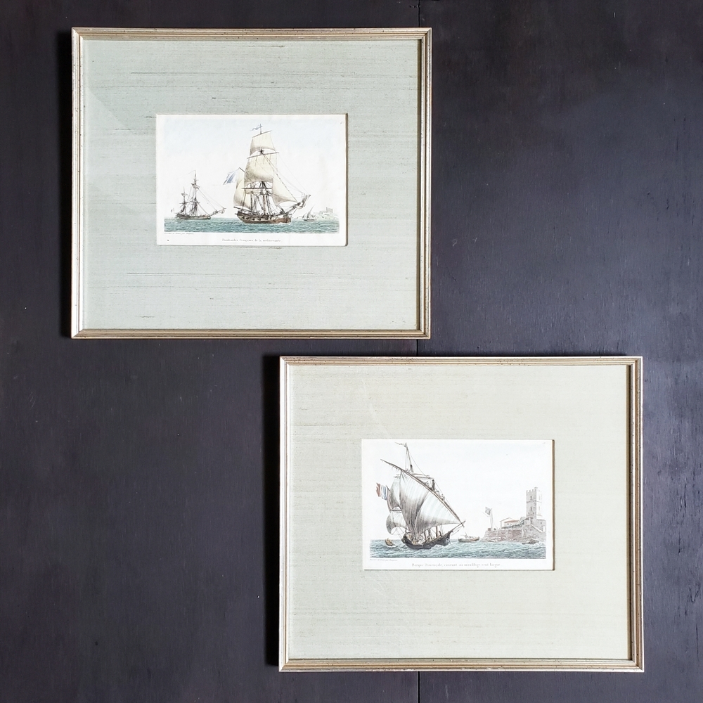 Vintage Framed Painted Engraving Ship Prints